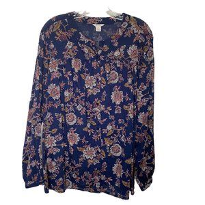 CASLON WOMENS LIGHTWEIGHT NAVY FLORAL BUTTON UP  LONG SLEEVE BLOUSE SIZE 1X MADE